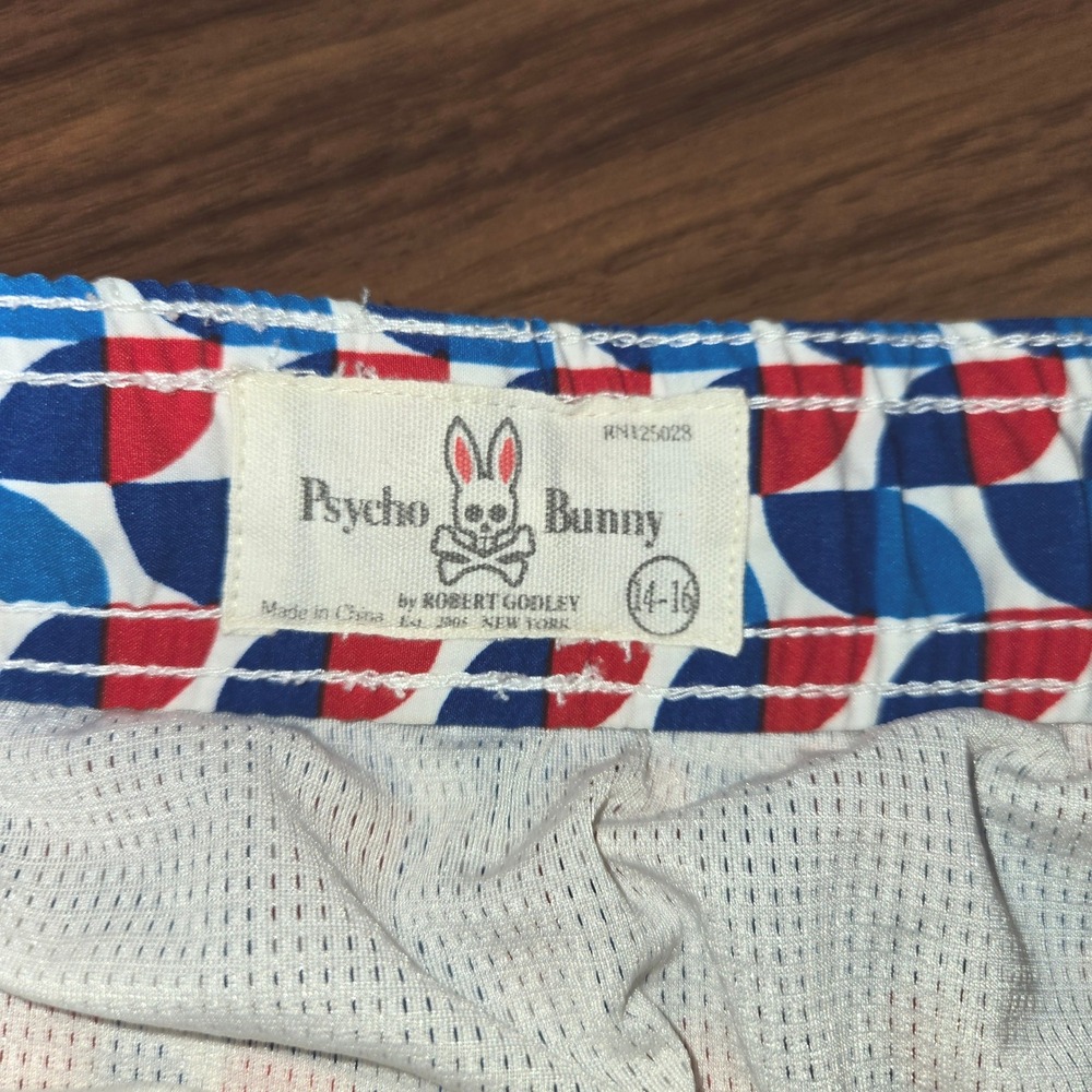 Psycho Bunny Boys Swim Trunks Red White Blue Geometric Shorts Size 14-16 L - Picture 3 of 7